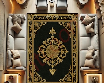 Alfombra de lujo en negro y dorado, elegante alfombra barroca, alfombra ornamental vintage, alfombra clásica para sala de estar, alfombra de lujo para decoración del hogar.