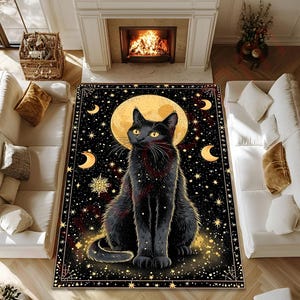 Black Cat Rug With Moon And Stars, Mystical Celestial Area Rug For Living Room, Witchy Home Decor, Gothic Gift For Her Or Cat Lover