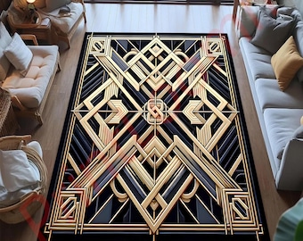 Art Deco Geometric Rug In Gold And Black, Luxury Modern Carpet For Living Room Or Office, Bold Stylish Floor Decor, Elegant Gift Idea