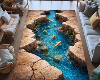 3D River Stream Rug, Stone Path Water Carpet, Nature Inspired Floor Mat, Blue Creek Area Rug, Living Room Decor, Unique Home Gift