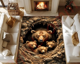 Bear Family Rug With Nature Cave Design, Cozy Woodland Animal Carpet, Rustic Lodge Living Room Decor, Perfect Gift For Wildlife Lovers