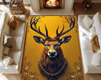 Majestic Deer Area Rug, Gold Stag Head Carpet, Wildlife Living Room Rug, Rustic Cabin Decor, Hunting Lodge Floor Mat