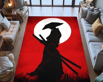 Japanese Samurai Area Rug, Red Sun Oriental Carpet, Zen Japanese Decor Floor Mat for Living Room or Bedroom