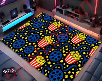 Alfombra de palomitas de maíz para noche de cine con estampado de carrete de película, alfombra divertida para área de cine en casa, alfombra colorida de arte pop, decoración única para sala de cine