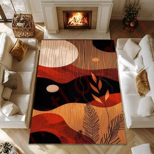 Abstract Nature Rug In Warm Earth Tones, Modern Art Area Carpet For Living Room Or Bedroom, Boho Style Decor, Non-Slip Washable Carpet