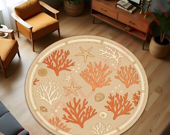 Coral Reef Round Rug, Nautical Coastal Decor, Non-Slip Area Carpet, Beach Theme Starfish Rug, Ocean Inspired Large Area Rug