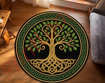 Celtic Tree of Life Round Rug, Boho Mandala Area Carpet, Nature Inspired Spiritual Floor Decor for Living Room or Bedroom