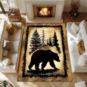 Bear Rug, Vintage Style Bear Rug, Bear Themed Rug, Forest Rug, Animal Rug, Bear Modern Rug, Home Decor Rug, Trees Design Rug, Bear Decor Rug
