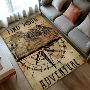 Tapis carte aventure, tapis décoratif de voyage boussole vintage, tapis sur le thème de l'explorateur pour le salon, cadeau pour lui, style aventure rustique
