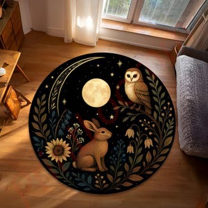 Moon And Owl Rug With Rabbit And Night Sky, Mystical Forest Area Carpet, Boho Home Decor Rug, Celestial And Woodland Style