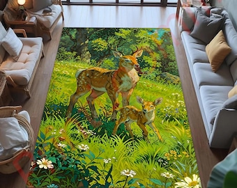 Deer Forest Area Rug with Woodland Animal Design, Nature Inspired Carpet for Living Room, Cozy Green Decor, Kids Bedroom or Nursery Gift