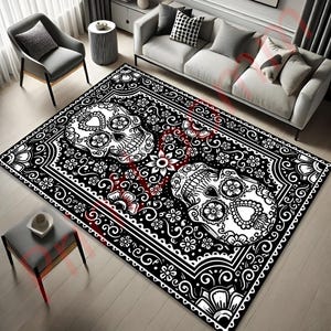 Sugar Skull Black And White Rug, Gothic Skull Carpet For Living Room, Day Of The Dead Decor, Unique Halloween Gift For Skull Lovers