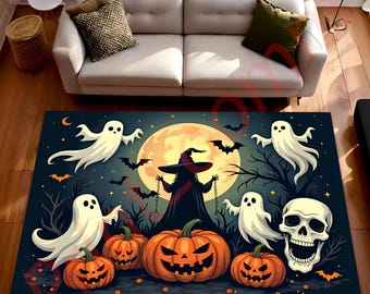 Alfombra de Halloween con calabazas y fantasmas, alfombra de bruja espeluznante, decoración de piso de casa embrujada para sala de estar, dormitorio o fiesta.