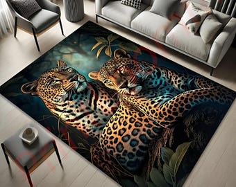 Leopard Jungle Print Rug For Living Room, Exotic Animal Carpet, Bold Wild Cat Decor, Unique Safari Gift For Her, Nature Inspired Home
