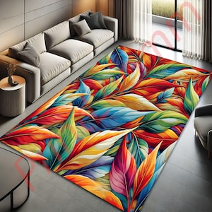 Colorful Leaf Pattern Rug, Vibrant Tropical Area Rug for Living Room, Non-Slip Washable Carpet, Modern Home Decor, Large Floor Rug Gift