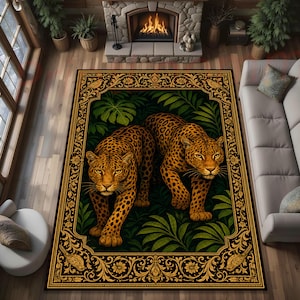 May include: A rectangular area rug featuring two leopards walking through a dark green jungle of tropical leaves. The rug is framed by a wide, ornate gold border with intricate floral patterns and bird motifs on a black background.