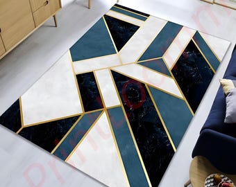 Modern Geometric Area Rug, Blue And White Abstract Carpet With Gold Lines, Contemporary Living Room Decor, Luxury Floor Mat Gift Idea