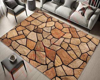 Stone Pattern Rug For Living Room, Rustic Stone Floor Look Carpet, Realistic Textured Area Rug, Outdoor Garden Carpet, Home Decor Gift Idea