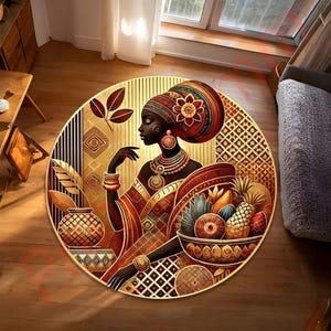 African Woman Round Rug, Ethnic Art Floor Carpet With Tribal Style, Colorful Afrocentric Decor, Living Room Or Bedroom Accent Mat, Floor Rug