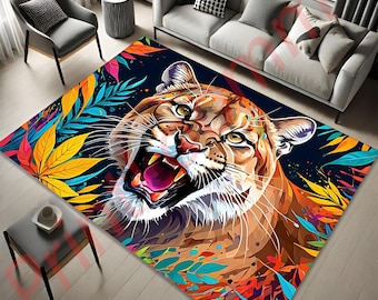Alfombra Tigre Rugiente, Alfombra con Arte de Animales de la Selva Colorida, Decoración Moderna de Vida Silvestre, Alfombra de Piso Destacada