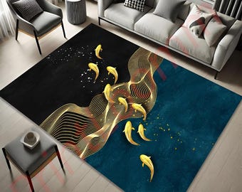 Alfombra abstracta con peces koi dorados: alfombra de lujo con estampado de olas para la decoración del hogar.