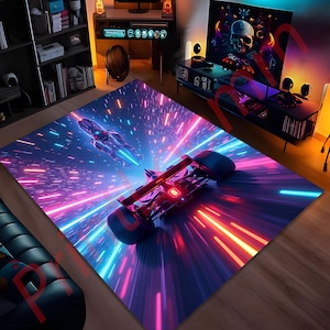May include: A racing car speeding through a neon-colored tunnel with streaks of light. The car is black and has a red light on the back. A futuristic figure is flying above the car.