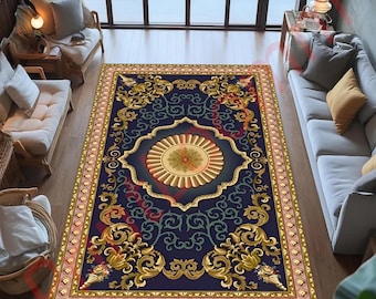Luxury Baroque Style Area Rug, Elegant Royal Blue Gold Carpet For Living Room Or Bedroom, Classic European Design, Gift For New Home
