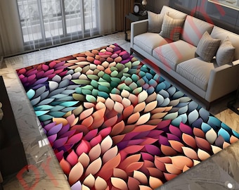 May include: A colorful area rug with a pattern of overlapping, 3D-style leaves in shades of red, orange, yellow, green, blue, purple, and pink.