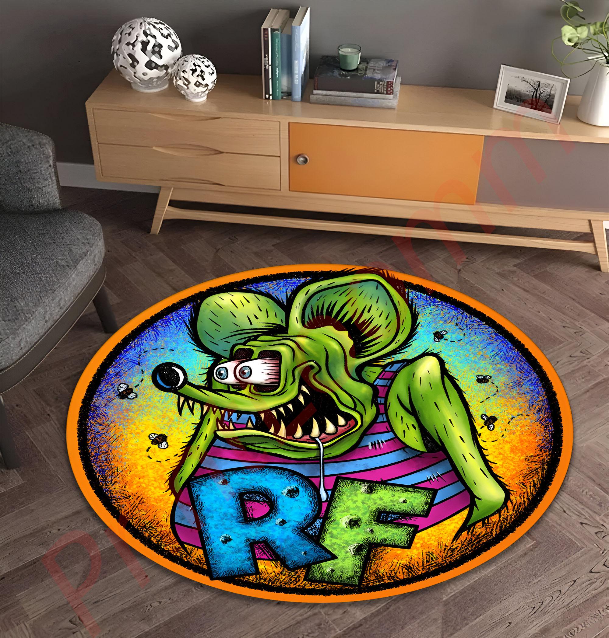 Rat Fink Style Cartoon Rug, Retro Hot Rod Mouse Round Carpet