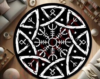 Viking Compass Vegvisir Rug, Nordic Pagan Round Carpet, Norse Rune Decor For Home, Viking Symbol Rug, Gift For Him Or Norse Lover