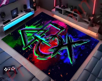 Neon Gamer Rug With Console Symbols, Vibrant Gaming Room Carpet, Cool LED Style Floor Mat, Video Game Decor Gift For Him Or Teen
