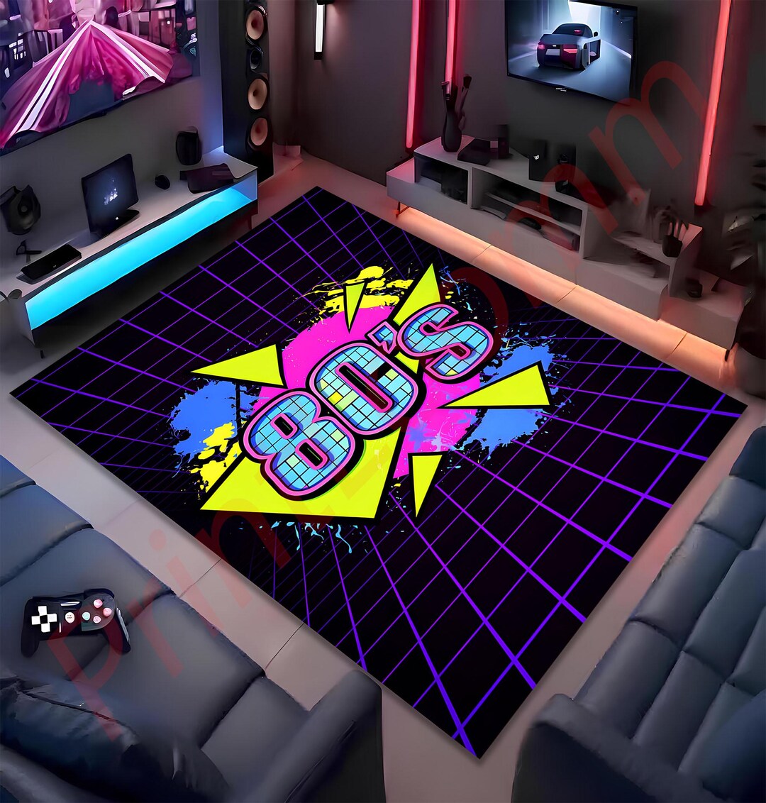 80s Retro Area Rug, Neon Vaporwave Carpet, Synthwave Gaming Room Decor ...