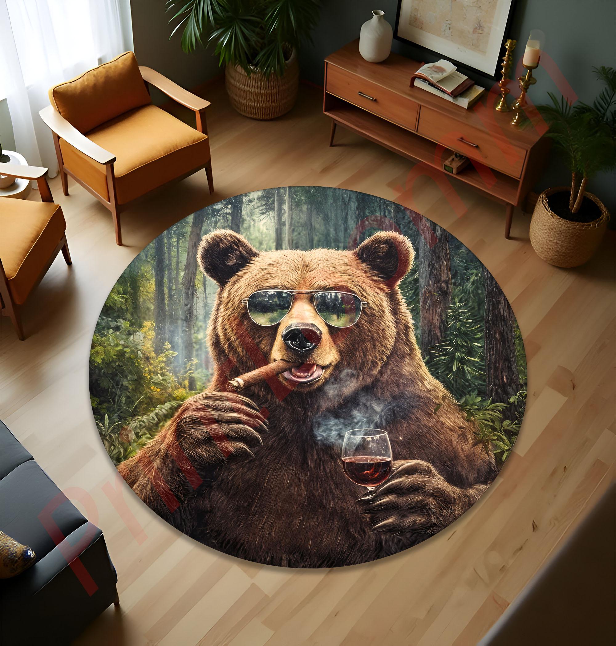 葉巻とワインをくわえたクマの面白いラグ、丸い森の動物柄カーペット