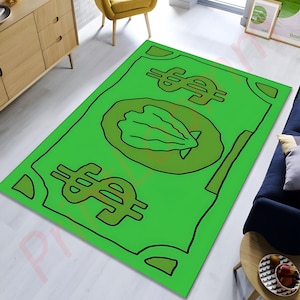 Green Cartoon Money Rug, Playful Dollar Bill Carpet, Fun Graphic Floor Mat For Teens, Unique Game Room Decor, Cool Gift For Boys, Floor Rug