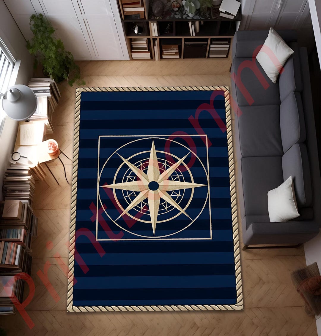 Blue Compass Rug Nautical Compass Rug, Navy Blue Area Carpet, Maritime Coastal Home ...