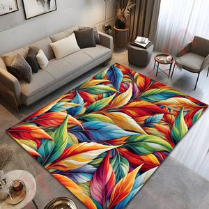 Colorful Leaf Pattern Rug, Vibrant Tropical Area Rug for Living Room, Non-Slip Washable Carpet, Modern Home Decor, Large Floor Rug Gift image 5