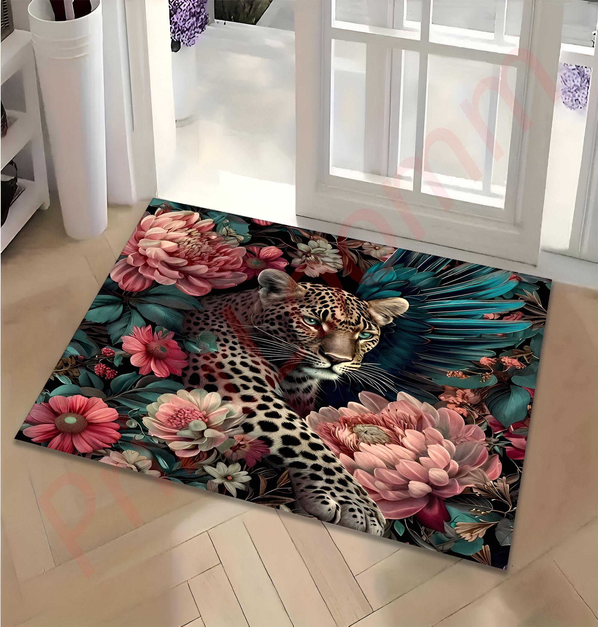 Leopard Floral Area Rug With Exotic Jungle Flowers, Colorful