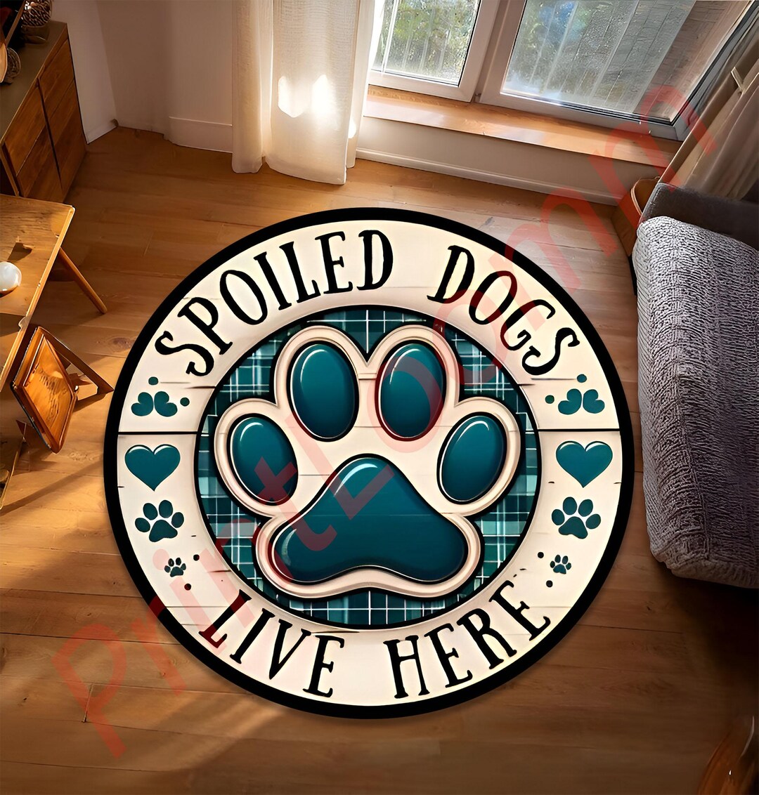 犬好きのための丸型ラグ、面白い足跡柄カーペット、「甘やかされた犬が