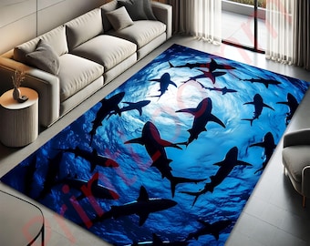 Shark Ocean Rug, Underwater Sea Life Area Carpet With Shark Silhouettes, Marine Wildlife Living Room Decor, Ocean Lover Gift, Gamer Rug