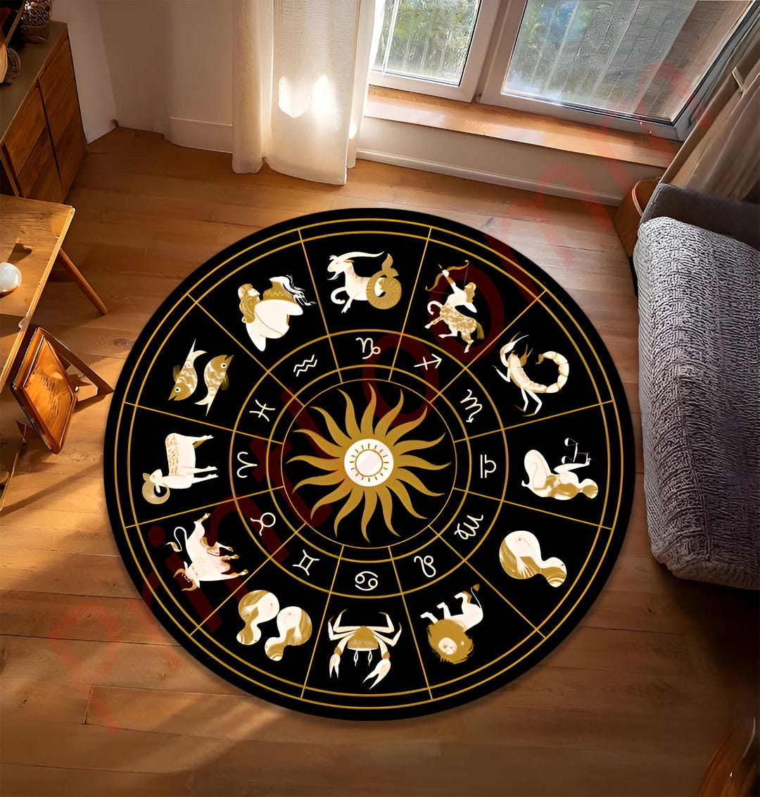 Zodiac Astrology Round Rug, Black and Gold Horoscope Carpet, Celestial ...