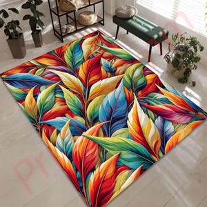 Colorful Leaf Pattern Rug, Vibrant Tropical Area Rug for Living Room, Non-Slip Washable Carpet, Modern Home Decor, Large Floor Rug Gift image 4