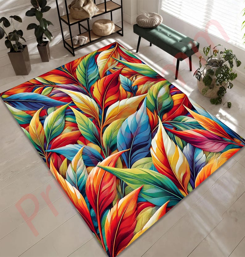 Colorful Leaf Pattern Rug, Vibrant Tropical Area Rug for Living Room ...