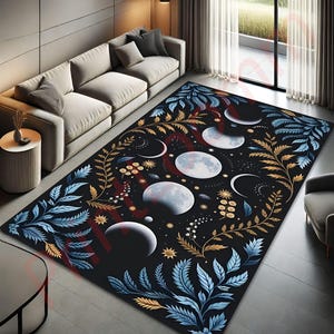Celestial Moon Phase Rug, Boho Cosmic Area Carpet With Floral Design, Mystical Moon Decor For Living Room, Unique Gift For Astrology Lover