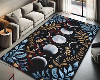 Celestial Moon Phase Area Rug, Mystical Night Sky Carpet with Stars and Leaves Design, Boho Spiritual Floor Decor for Living Room or Bedroom