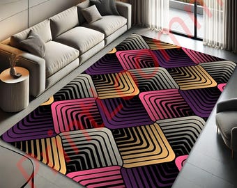 May include: Abstract geometric rug with a black background and colorful squares. The squares are made up of stripes in shades of pink, purple, gold, and gray.