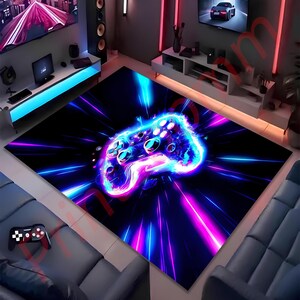 May include: A gamer rug with a neon blue and purple glowing video game controller design. The rug is on a dark floor with a gaming setup in the background.