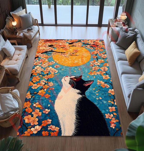 【可愛い】 猫 vintageラグマット ガーデニング花　アニマル柄タペストリー 桜柄の白黒猫ラグ、猫好きのための芸術的な花柄カーペット、ユニークな