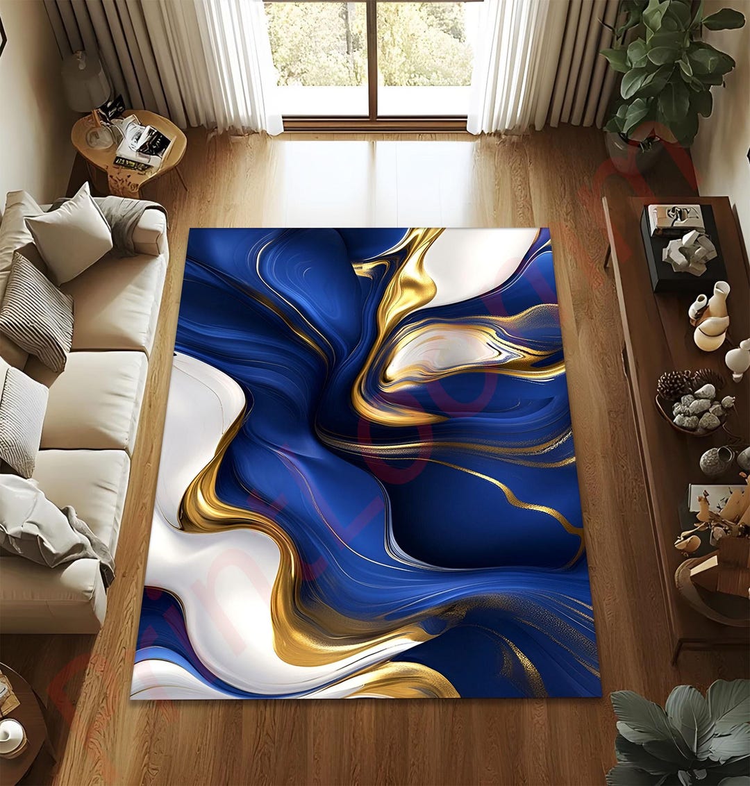 Blue Gold Abstract Area Rug, Luxury Modern Marble Pattern Carpet for ...