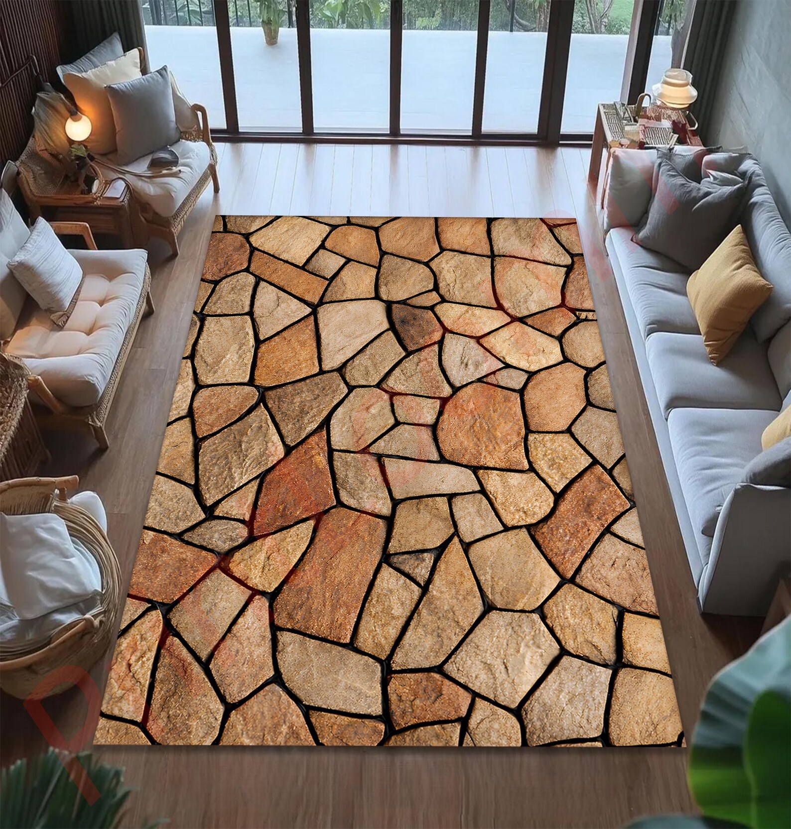 Stone Pattern Rug for Living Room, Rustic Stone Floor Look Carpet ...