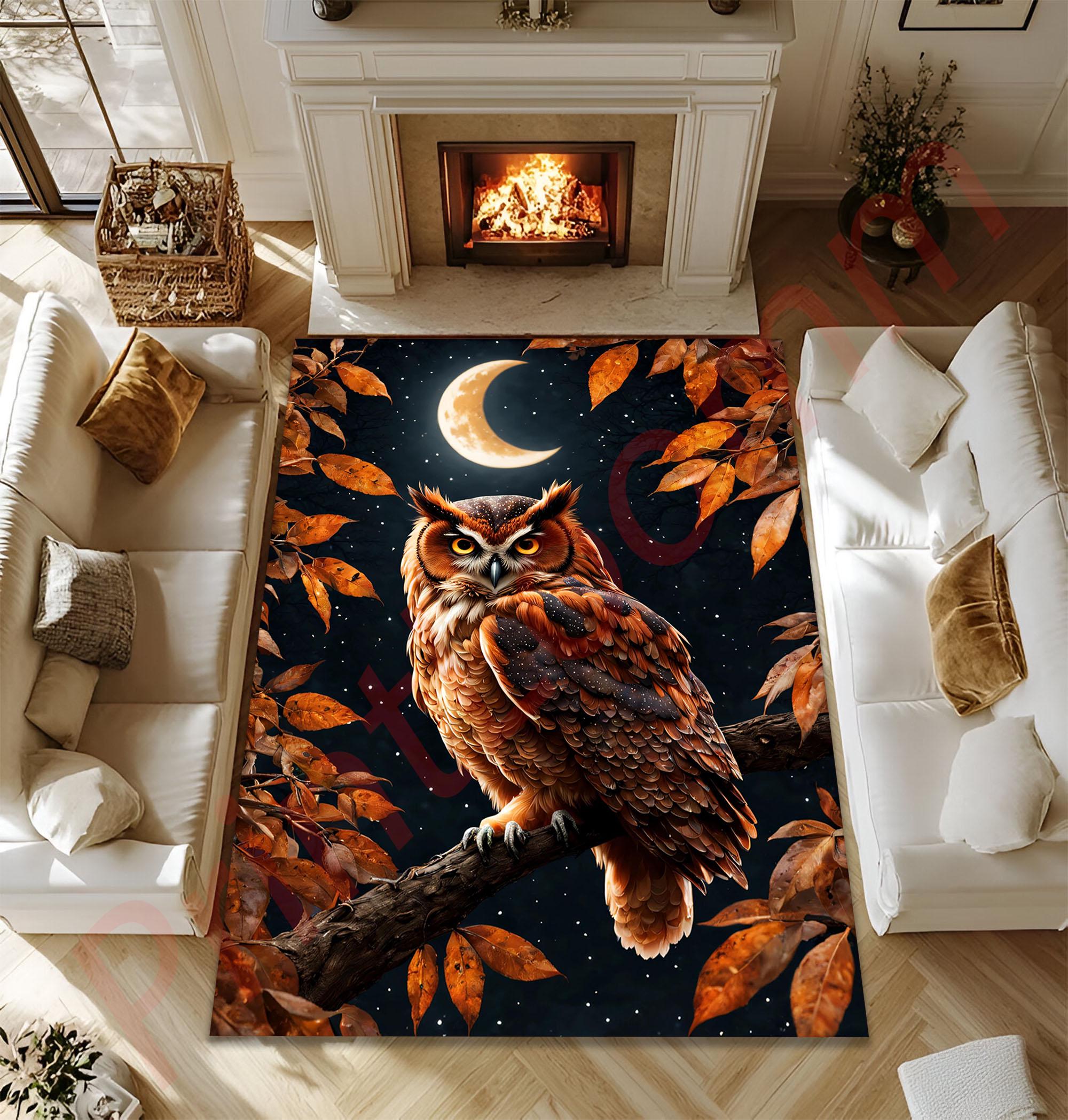 Rustic Owl Area Rug, Autumn Nature Carpet with Fall Leaves and Moon, Cozy Animal Themed Living Room